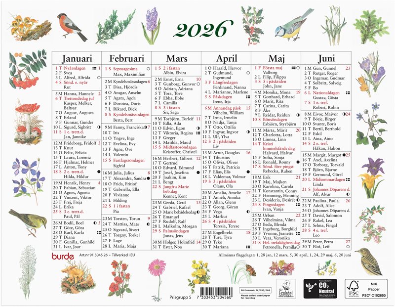Väggkalender 2026 Lilla Naturalmanackan