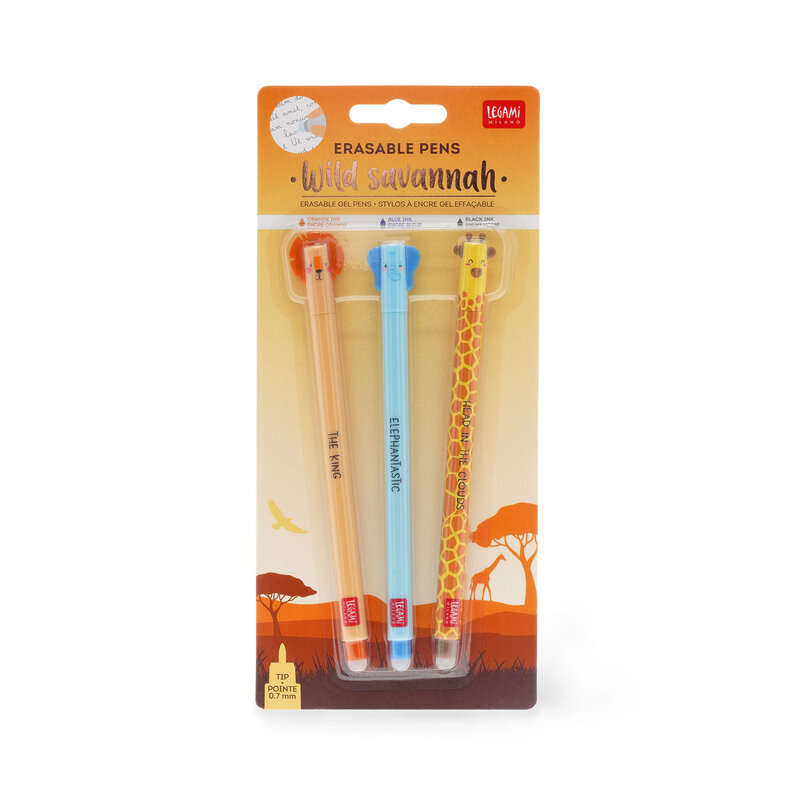 Gelpenna med utsuddbart bläck - 3 pack 
Erasable gel pen, 3-pack, Lion/Elephant/Giraffe