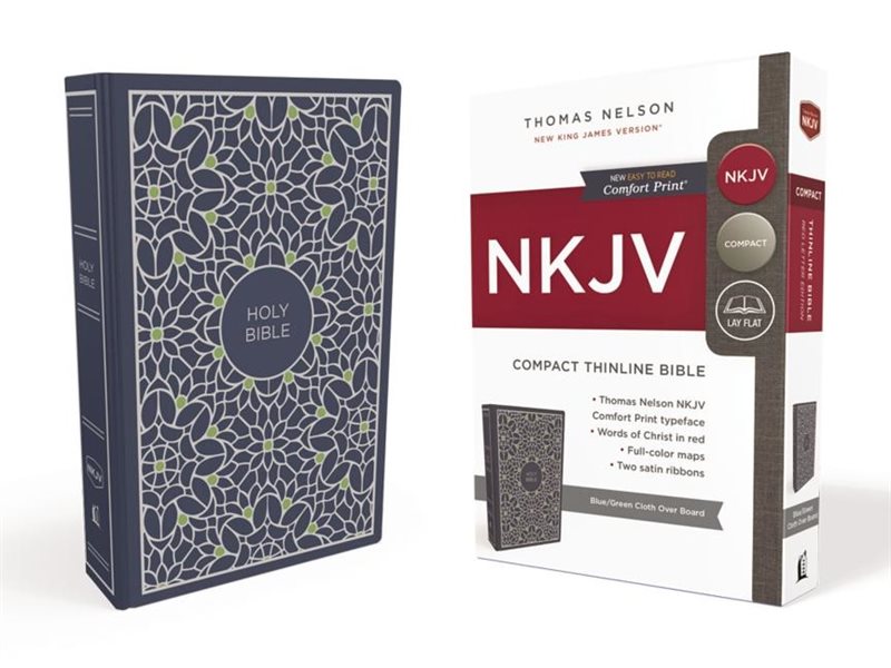 Nkjv, thinline bible, compact, cloth over board, blue/green, red letter edi