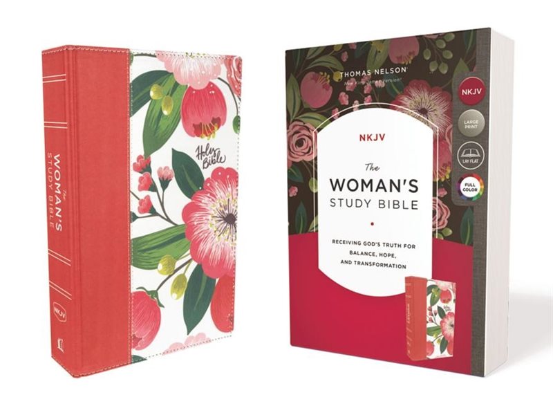 Nkjv, womans study bible, cloth over board, pink floral, full-color, red le
